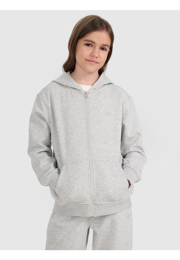 4f - 4F Bluza dresowa rozpinana z kapturem dziewczęca - szara 134 (8-9 lat). Okazja: na co dzień. Typ kołnierza: kaptur. Kolor: szary. Materiał: dresówka. Wzór: gładki, ze splotem. Sezon: lato. Styl: casual, sportowy