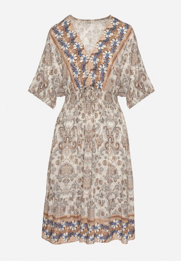 Born2be - Ciemnobeżowa Sukienka z Wiskozy w Ornamentalny Wzór z Szeroką Gumką w Pasie Tanissla. Okazja: na spotkanie biznesowe, do pracy, na randkę, na co dzień. Typ kołnierza: dekolt w kształcie V. Kolor: beżowy. Materiał: wiskoza. Długość rękawa: krótki rękaw. Sezon: wiosna, lato. Styl: elegancki, casual, klasyczny, biznesowy