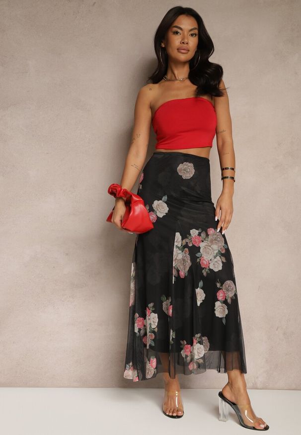Renee - Czarna Spódnica w Kwiatowy Wzór o Rozkloszowanym Kroju Efrirene. Okazja: na co dzień. Kolor: czarny. Wzór: kwiaty. Styl: elegancki, casual
