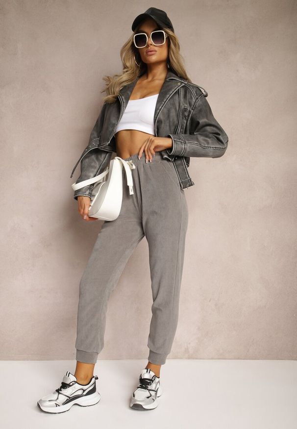 Renee - Ciemnoszare Dresowe Spodnie z Dodatkiem Bawełny High Waist z Gumką w Pasie Pesaria. Stan: podwyższony. Kolor: szary. Materiał: dresówka, bawełna