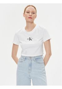 Calvin Klein Jeans T-Shirt Monologo J20J222564 Biały Slim Fit. Kolor: biały. Materiał: bawełna