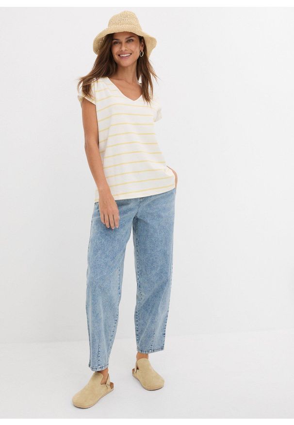 bonprix - Dżinsy barrel, średni stan, z elastyczną gumą w talii. Kolor: niebieski