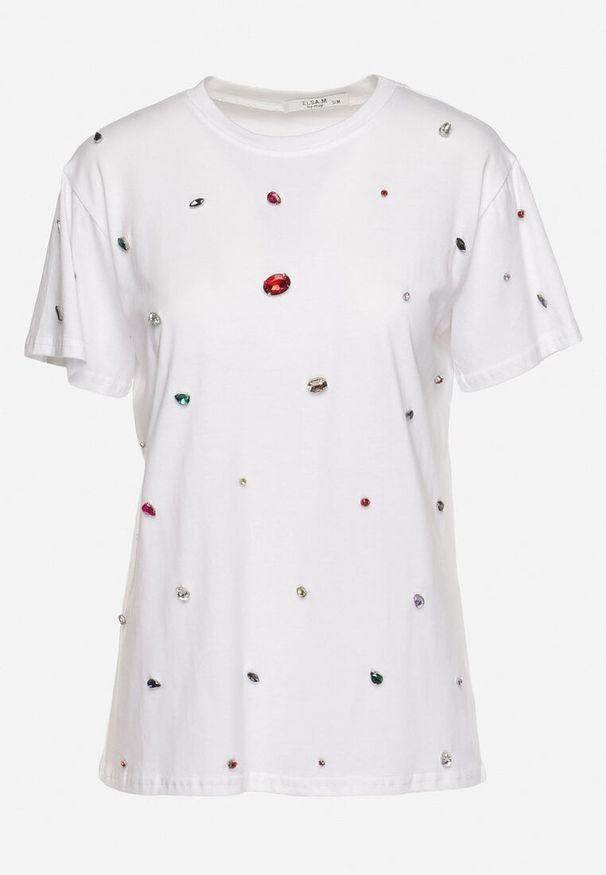 Born2be - Biały T-shirt Ozdobiony Kolorowymi Cyrkoniami Wiadea. Okazja: na co dzień. Kolor: biały. Wzór: kolorowy, aplikacja. Styl: casual, klasyczny