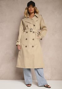 Renee - Beżowy Oversizowy Płaszcz Trencz o Dwurzędowym Kroju z Paskiem Darinella. Okazja: na co dzień. Kolor: beżowy. Materiał: jeans. Styl: casual, elegancki