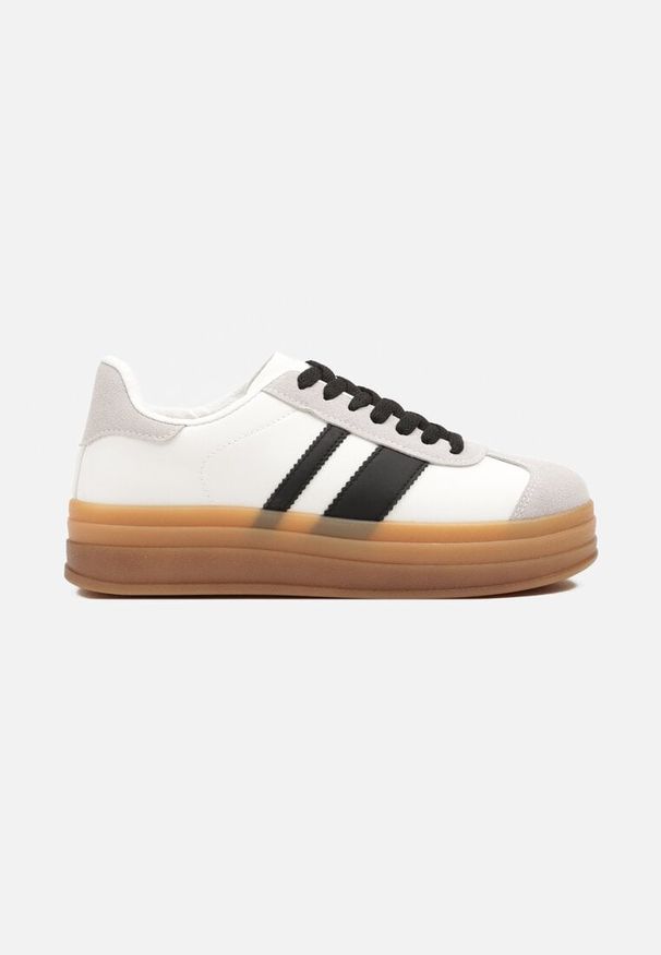 Renee - Biało-Czarne Sneakersy na Płaskiej Podeszwie z Ozdobnymi Paskami Velali. Okazja: na co dzień, na spacer. Zapięcie: pasek. Kolor: biały. Materiał: jeans. Obcas: na płaskiej podeszwie. Sport: turystyka piesza