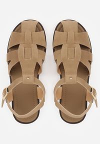 Renee - Ciemnobeżowe Sandały Gladiatorki z Imitacji Nubuku Zapinane na Sprzączkę Briannea. Zapięcie: sprzączka. Kolor: beżowy. Materiał: nubuk. Wzór: haft. Sezon: lato. Styl: elegancki #9