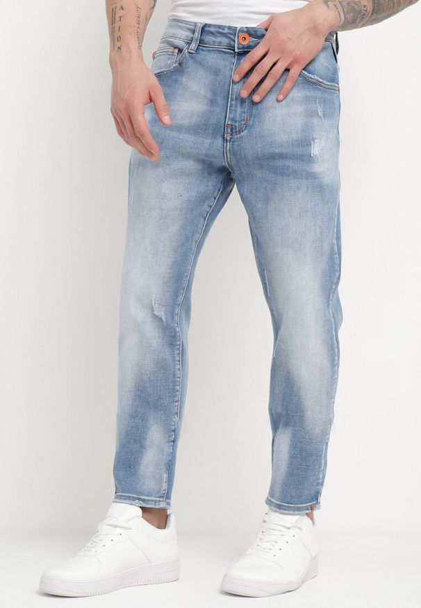 Born2be - Niebieskie Jeansy Skinny z Przeszyciami z Kieszeniami i Suwakiem Skili. Kolor: niebieski. Wzór: aplikacja
