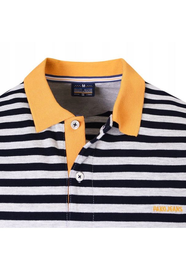 Męska, Bawełniana Koszulka Polo - Pako Jeans - Żółte Akcenty, Paski. Okazja: na co dzień. Typ kołnierza: polo. Kolor: wielokolorowy. Materiał: bawełna, wiskoza. Wzór: prążki, paski. Styl: casual