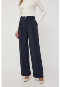 BOSS spodnie damskie kolor granatowy proste high waist. Okazja: na co dzień. Stan: podwyższony. Kolor: niebieski. Styl: casual