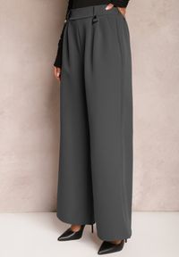 Renee - Ciemnoszare Eleganckie Spodnie Dzwony z Ozdobnymi Patkami w Pasie Nattas. Stan: podwyższony. Kolor: szary. Styl: elegancki #3