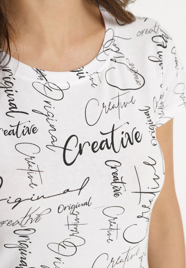 Born2be - Biały T-shirt z Bawełny Zdobiony Nadrukiem z Napisami Mirindela. Okazja: na co dzień. Kolor: biały. Materiał: bawełna. Wzór: napisy, aplikacja, nadruk. Styl: klasyczny, elegancki, casual
