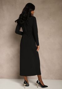 Renee - Czarna Koszulowa Sukienka z Wiskozą Ozdobiona Paskiem i Guzikami Vetionna. Okazja: na co dzień, na imprezę. Kolor: czarny. Materiał: wiskoza. Wzór: aplikacja. Typ sukienki: koszulowe. Styl: casual, elegancki. Długość: midi #2