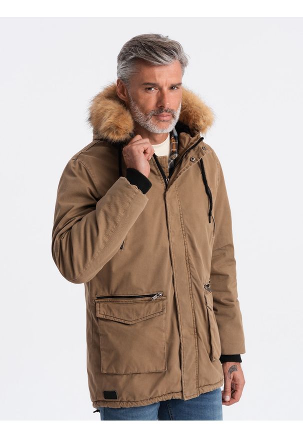 Ombre Clothing - Kurtka męska zimowa parka z dużymi kieszeniami - beżowa V5 C512 - XXL. Kolor: beżowy. Materiał: bawełna, syntetyk, poliester, futro. Sezon: zima