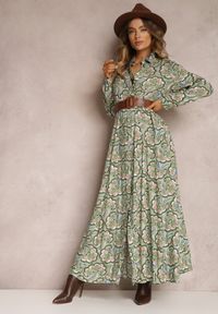 Renee - Zielona Sukienka Koszulowa w Roślinny Wzór Bahi. Kolor: zielony. Materiał: tkanina. Sezon: wiosna, jesień. Typ sukienki: koszulowe #2