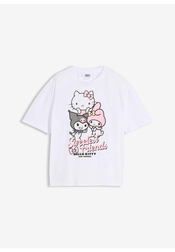 bonprix - Bawełniany T-shirt oversize z nadrukiem Hello Kitty. Kolor: biały. Materiał: bawełna. Wzór: nadruk, motyw z bajki