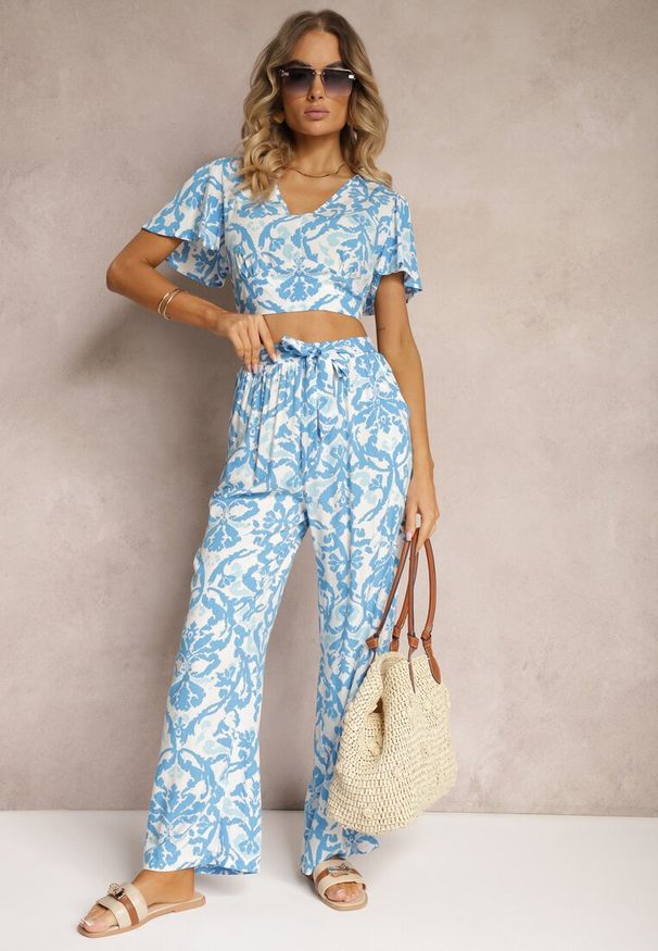 Renee - Niebieski Bawełniany Komplet Letni Spodnie z Gumką w Pasie i Krótka Bluzka Pavilia. Kolor: niebieski. Materiał: bawełna. Wzór: aplikacja
