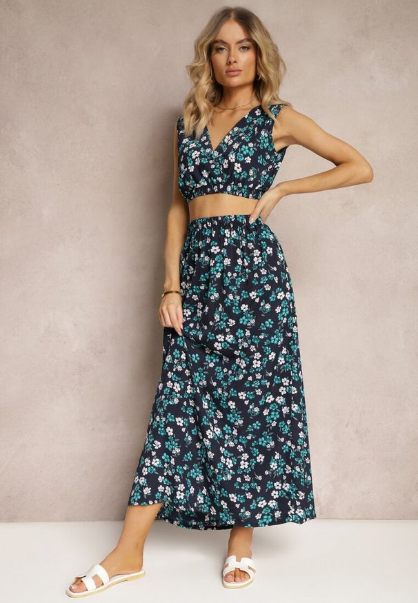 Renee - Granatowo-Zielony Komplet Dwucześciowy Top bez Rękawów Spódnica z Gumką w Talii w Kwiaty Dimanisa. Kolor: niebieski. Materiał: jeans. Wzór: kwiaty