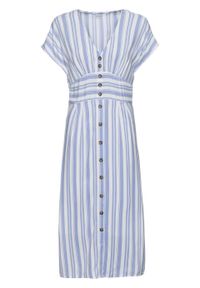 Sukienka z nadrukiem bonprix jasnoniebiesko-biały w paski. Kolor: fioletowy. Wzór: nadruk, paski #1