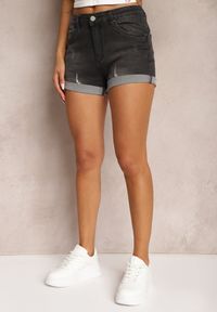 Renee - Czarne Szorty Jeansowe Push Up z Wiskozą i Bawełną High Waist z Przetarciami Vimillda. Okazja: na co dzień. Stan: podwyższony. Kolor: czarny. Materiał: bawełna, wiskoza, jeans. Sezon: lato. Styl: casual, elegancki