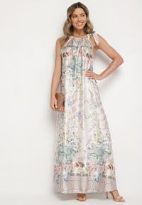 Born2be - Biała Satynowa Sukienka w Kwiaty z Ozdobnym Wiązaniem Fenasella. Okazja: na co dzień. Kolor: biały. Materiał: satyna. Wzór: kwiaty. Typ sukienki: proste. Styl: wizytowy, klasyczny, casual, elegancki #4