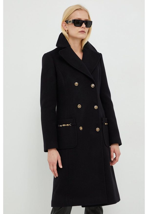 Elisabetta Franchi płaszcz wełniany kolor czarny przejściowy dwurzędowy. Okazja: na co dzień. Kolor: czarny. Materiał: wełna. Styl: casual, klasyczny