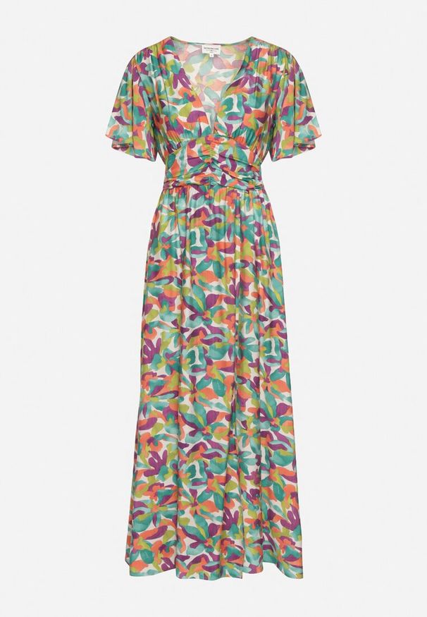 Born2be - Zielona Sukienka z Wiskozy z Ozdobnymi Marszczeniami i Gumką w Pasie z Rozcięciem na Dole Fierasa. Okazja: na co dzień. Typ kołnierza: dekolt w kształcie V. Kolor: zielony. Materiał: wiskoza. Typ sukienki: proste. Styl: elegancki, casual