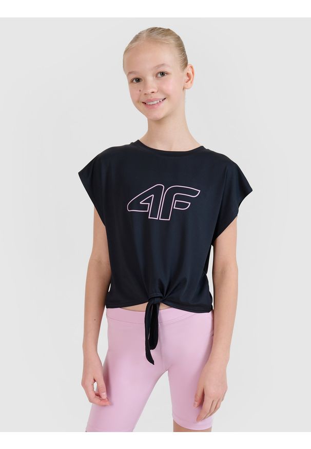 4f - 4F Crop-top sportowy regular z nadrukiem dziewczęcy - czarny 134/140 (8-10 lat). Kolor: czarny. Wzór: nadruk. Sezon: lato. Styl: sportowy