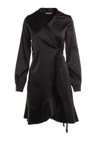 Born2be - Czarna Sukienka Satynowa Barbedeia. Typ kołnierza: dekolt w kształcie V. Kolor: czarny. Materiał: satyna. Wzór: aplikacja. Typ sukienki: kopertowe. Styl: elegancki. Długość: mini #2