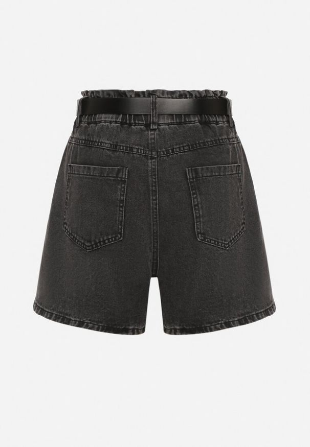 Born2be - Czarne Szorty Jeansowe z Ozdobnymi Przeszyciami Gumką w Talii i Paskiem Alariana. Okazja: na co dzień. Kolor: czarny. Materiał: jeans. Styl: klasyczny, elegancki, casual