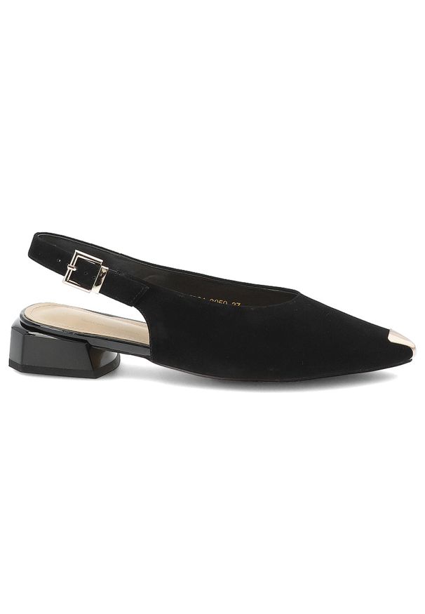 Czółenka damskie S.Barski, cholewka ze skóry naturalnej zamszowej elegancki fason slingback niski stabilny obcas, czarne, CR61-3050. Okazja: na spotkanie biznesowe. Zapięcie: klamry. Kolor: czarny. Materiał: skóra, zamsz. Szerokość cholewki: normalna. Obcas: na obcasie. Styl: elegancki. Wysokość obcasa: średni