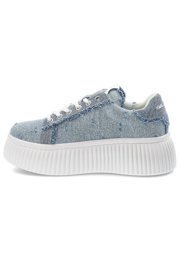 Niebieskie Sneakersy Karl Lagerfeld Modne Obuwie Damskie. Zapięcie: sznurówki. Kolor: niebieski. Materiał: denim, jeans, materiał. Szerokość cholewki: normalna. Wzór: aplikacja. Styl: elegancki, klasyczny