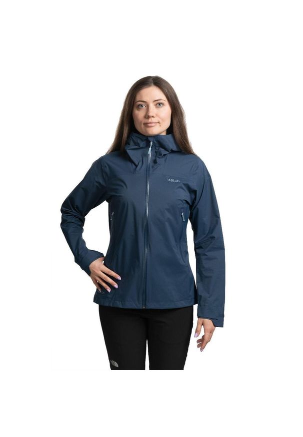 Kurtka przeciwdeszczowa damska Rab Women's Downpour Light Jacket z kapturem. Typ kołnierza: kaptur. Kolor: niebieski. Sport: turystyka piesza