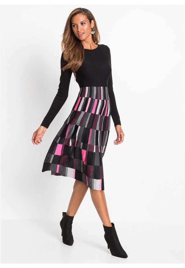 bonprix - Rozkloszowana sukienka dzianinowa żakardowa. Kolor: szary. Materiał: dzianina, żakard