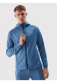 4f - 4F Bluza treningowa rozpinana z kapturem męska - niebieska XL. Typ kołnierza: kaptur. Kolor: niebieski. Materiał: dzianina, elastan, włókno, syntetyk, materiał, skóra. Długość rękawa: raglanowy rękaw. Wzór: gładki, jednolity, ze splotem. Styl: sportowy. Sport: fitness #1