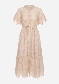 Born2be - Beżowa Haftowana Sukienka z Bawełny z Guzikami i Gumką w Talii Melliara. Okazja: na spacer, na imprezę. Typ kołnierza: dekolt w kształcie V. Kolor: beżowy. Materiał: bawełna. Długość rękawa: krótki rękaw. Wzór: haft. Sezon: lato. Styl: klasyczny, boho #4