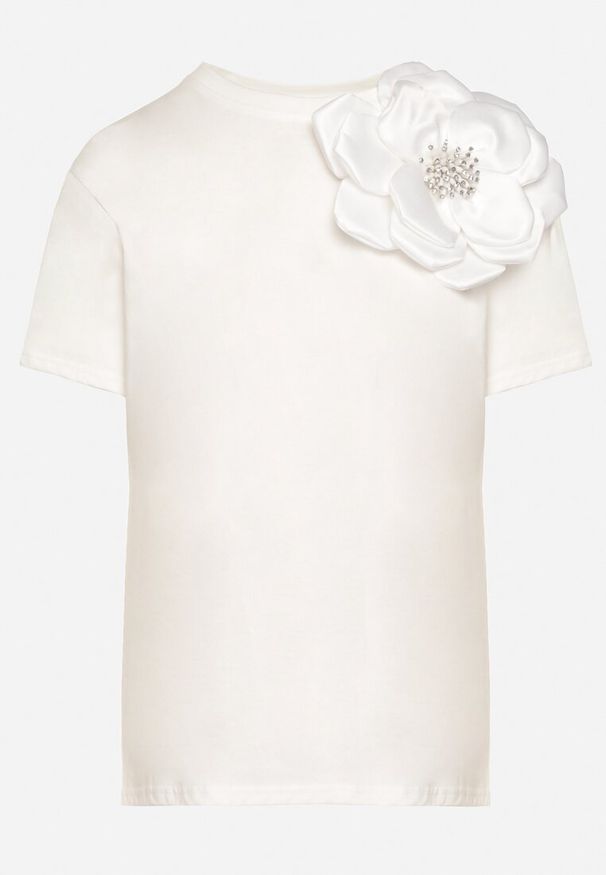 Born2be - Biały Bawełniany T-shirt z Krótkim Rękawem i Aplikacją w Kształcie Kwiatu z Cyrkoniami Dimantee. Okazja: na co dzień. Kolor: biały. Materiał: bawełna. Długość rękawa: krótki rękaw. Długość: krótkie. Wzór: aplikacja, kwiaty. Styl: klasyczny, casual