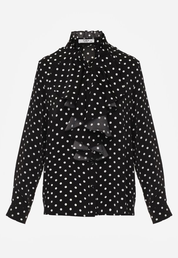 Born2be - Czarna Wiskozowa Koszula w Kropki ze Stójką z Ozdobnymi Falbanami Isamene. Okazja: na co dzień. Typ kołnierza: kołnierzyk stójkowy. Kolor: czarny. Materiał: wiskoza. Wzór: kropki. Styl: casual, klasyczny