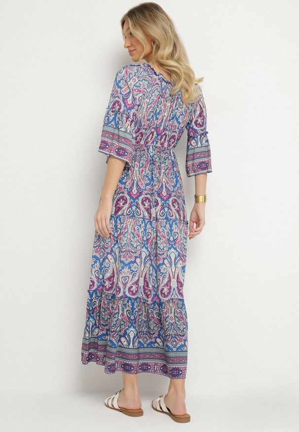 Born2be - Niebieska Rozkloszowana Sukienka Bawełniana we Wzór Paisley z Chwostami Elliassa. Okazja: na co dzień. Kolor: niebieski. Materiał: bawełna. Wzór: paisley. Styl: casual