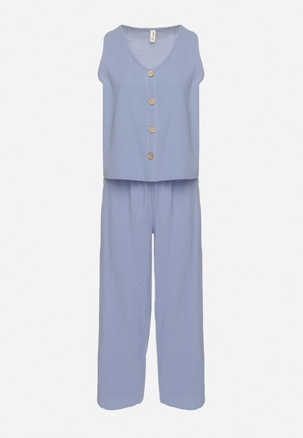 Born2be - Niebieski Komplet Bawełniany Koszulka bez Rękawów z Guzikami Spodnie z Gumką w Pasie Juliancella. Kolor: niebieski. Materiał: bawełna