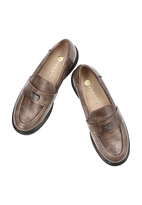 Brązowe Półbuty Armodo Wsuwane Obuwie Damskie. Zapięcie: bez zapięcia. Kolor: brązowy. Materiał: skóra. Wzór: aplikacja. Styl: elegancki, klasyczny