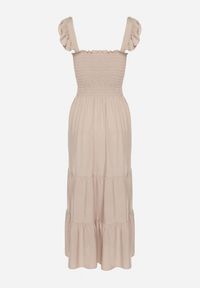 Born2be - Beżowa Rozkloszowana Bawełniana Sukienka na Ramiączkach z Gumkami i Falbanką Mevesta. Okazja: na spacer. Typ kołnierza: kołnierz z falbankami, dekolt kwadratowy. Kolor: beżowy. Materiał: bawełna. Długość rękawa: na ramiączkach #7