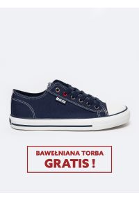 Big-Star - Trampki męskie niskie granatowe JJ174606 403. Okazja: na imprezę, na uczelnię, do pracy. Kolor: niebieski. Materiał: bawełna, len, materiał, jeans. Styl: klasyczny