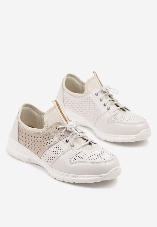 Born2be - Białe Sneakersy Skórzane z Perforacją Odisla. Okazja: na co dzień. Kolor: biały. Materiał: skóra