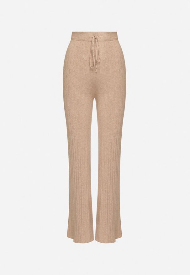 Born2be - Ciemnobeżowe Dzianinowe Spodnie Prążkowane o Szerokim Kroju z Gumką w Talii Emalindrae. Okazja: na co dzień. Stan: podwyższony. Kolor: beżowy. Materiał: dzianina, prążkowany. Styl: casual, elegancki