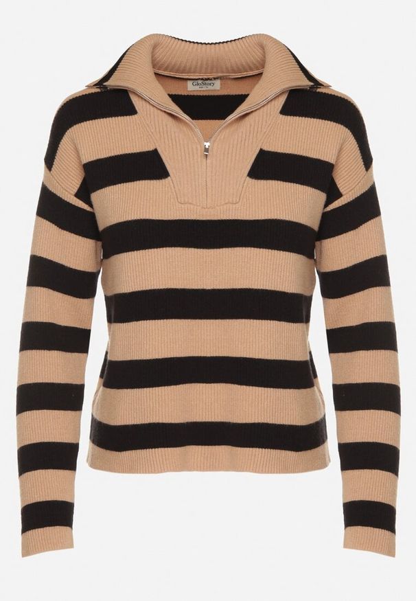 Born2be - Beżowo-Czarny Sweter w Paski Ozdobiony Suwakiem Amerra. Okazja: na co dzień, do pracy, na spotkanie biznesowe. Kolor: beżowy. Materiał: jeans. Wzór: paski, aplikacja. Styl: casual, biznesowy