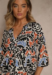 Renee - Czarno-Beżowa Sukienka z Wiskozy o Rozkloszowanym Kroju w Abstrakcyjny Wzór Lirese. Okazja: na co dzień. Kolor: czarny. Materiał: wiskoza. Styl: elegancki, casual #3