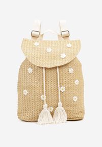 Born2be - Ciemnobeżowy Plecak z Plecionki w Kwiaty z Klapą i Frędzlami Lunilia. Kolor: beżowy. Materiał: jeans. Wzór: kwiaty. Styl: elegancki, casual