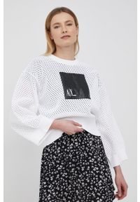 Armani Exchange sweter damski kolor biały. Kolor: biały. Materiał: dzianina. Długość rękawa: długi rękaw. Długość: długie