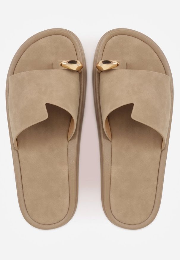 Renee - Ciemnobeżowe Klapki Japonki Ozdobione Aplikacją na Palcu Noevianna. Okazja: na co dzień, na spacer. Kolor: beżowy. Materiał: jeans. Wzór: aplikacja. Sezon: wiosna, lato. Styl: casual