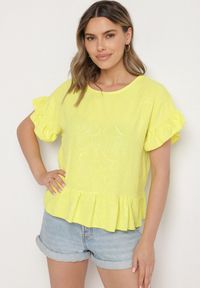 Born2be - Żółta Bluzka o Kroju Oversize z Falbanami Livelle. Okazja: na co dzień. Kolor: żółty. Materiał: jeans. Długość rękawa: krótki rękaw. Długość: krótkie. Styl: casual #7
